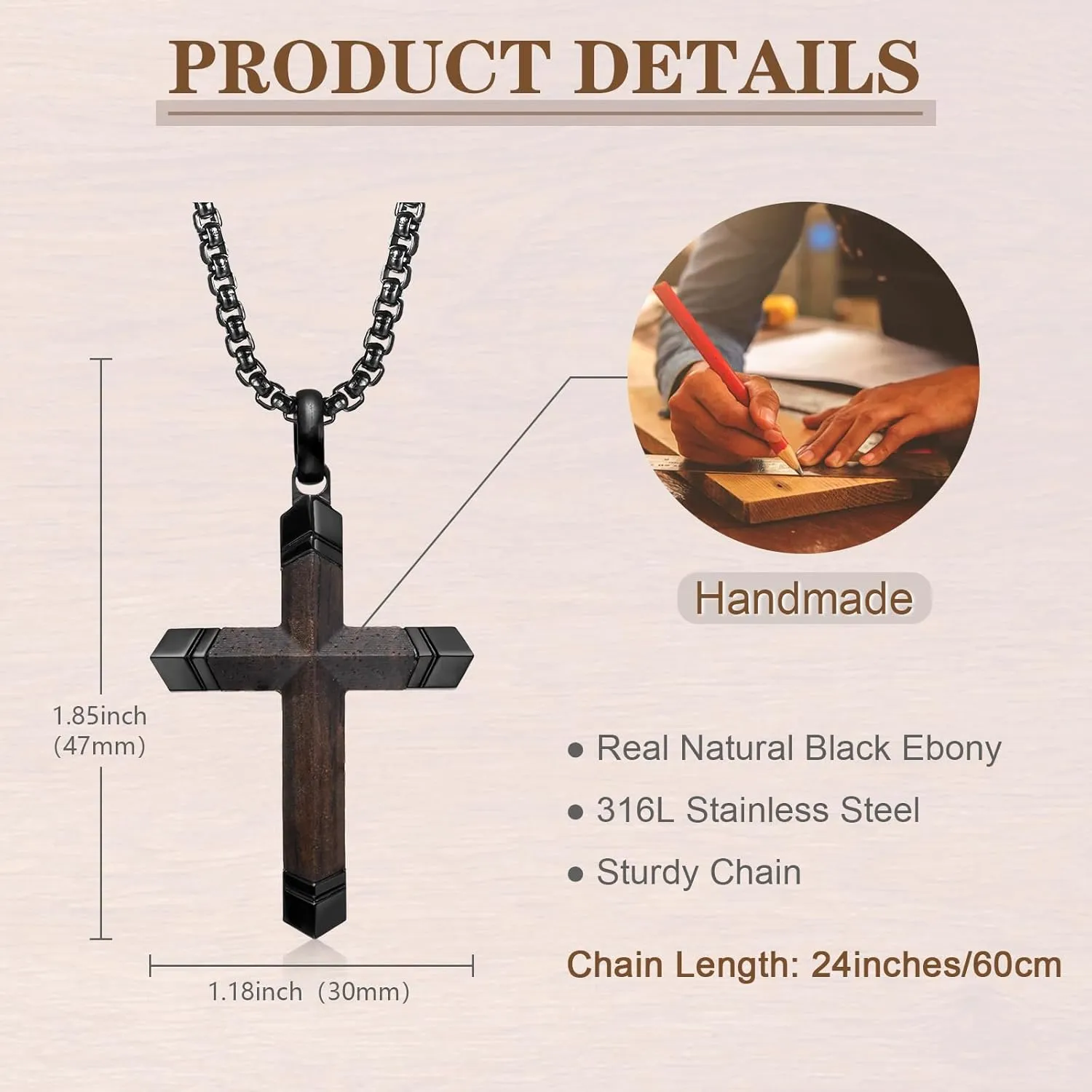Wooden Cross Necklace for Men-Hawaiian Real Handmade Ebony Wood Cross Pendant Necklace Stainless Steel Chain, Mens Brown Cross Necklaces Koa Wood Jewelry Christian Baptism Crucifix Pendant for Men