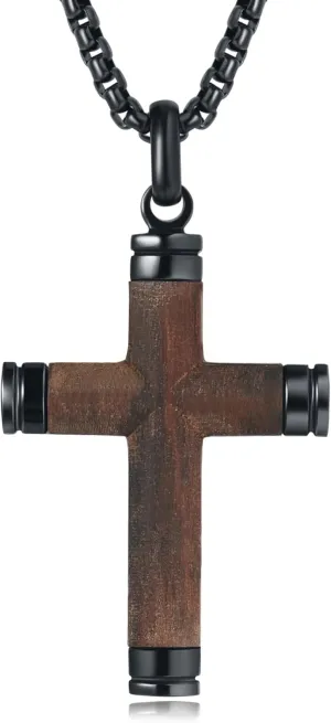 Wooden Cross Necklace for Men, Real Handmade Ebony Wood Cross Pendant Necklace Black Stainless Steel Chain, Christian Baptism Mens Cross Necklaces, Including 24 Inch Box Chain