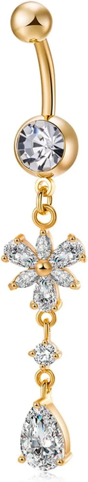 Wycian Navel Rings, Stainless Steel Belly Piercing Jewelry Flower and Teardrop Cubic Zirconia Gold Belly Button Ring for Women Gold