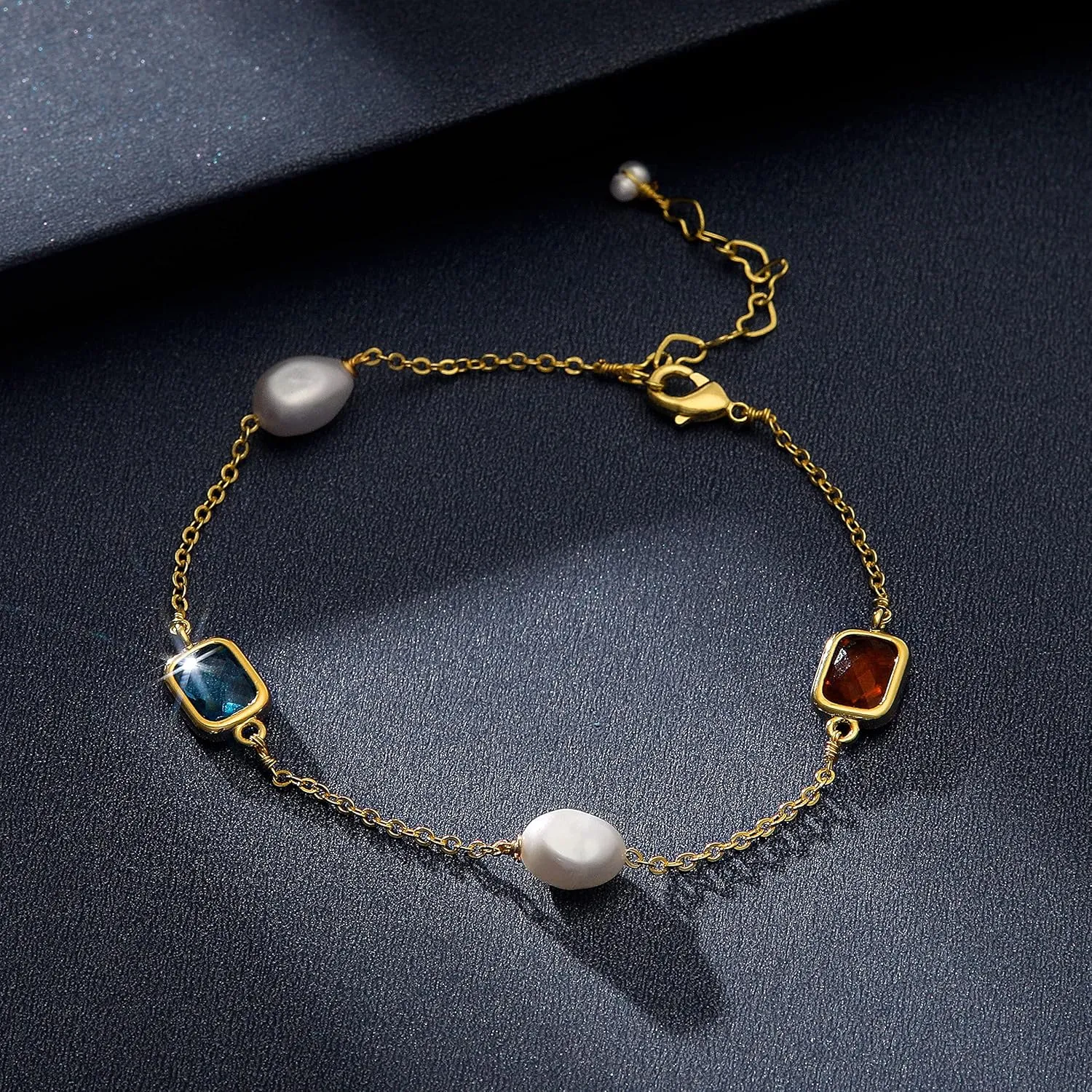 XYJZXY Gold Pearl Bracelet for Women 18K Gold Plated Pearl Link Bracelet Adjustable Cubic Zirconia Bracelets