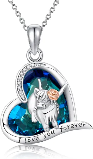 YAFEINI Highland Cow Necklace Crystal 925 Sterling Silver Highland Cow Pendant Jewelry for Women Girls