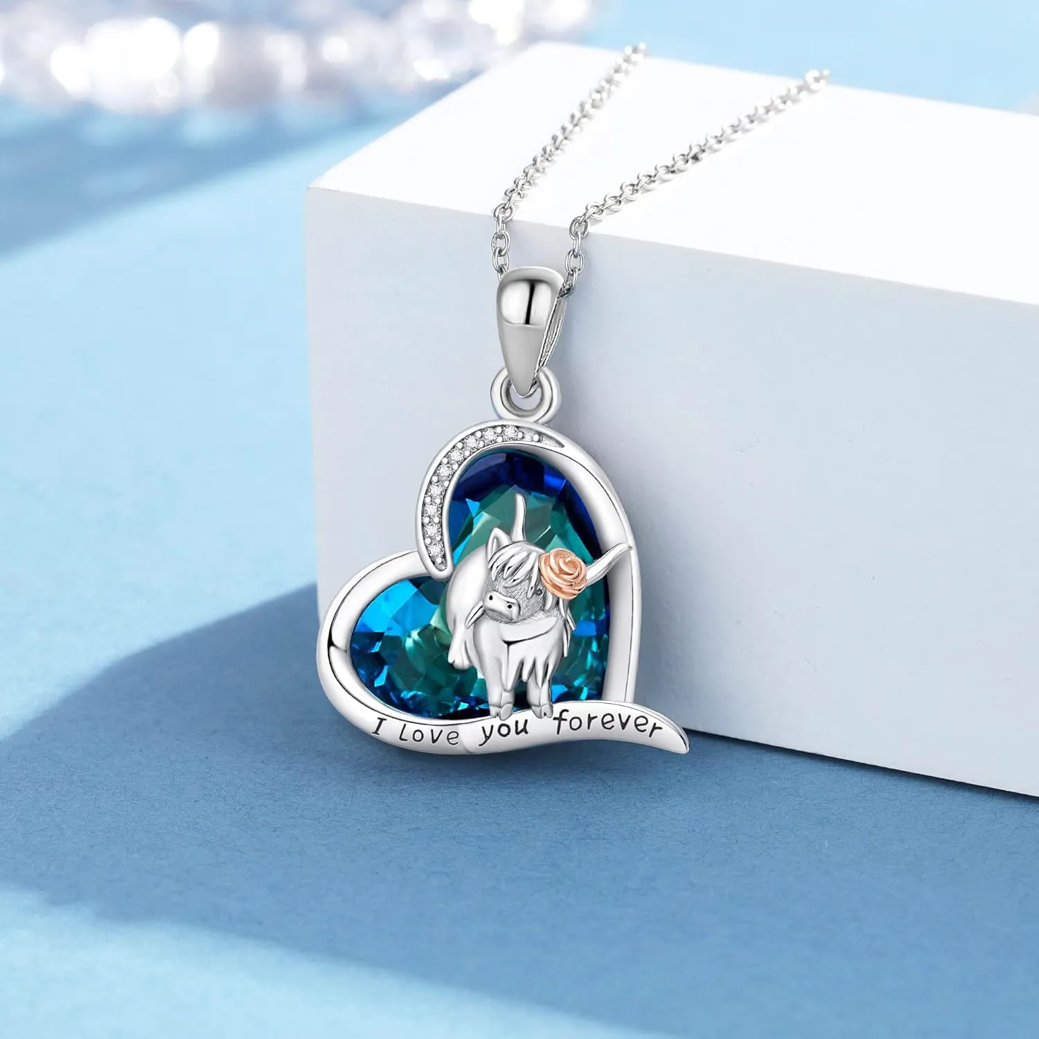 YAFEINI Highland Cow Necklace Crystal 925 Sterling Silver Highland Cow Pendant Jewelry for Women Girls
