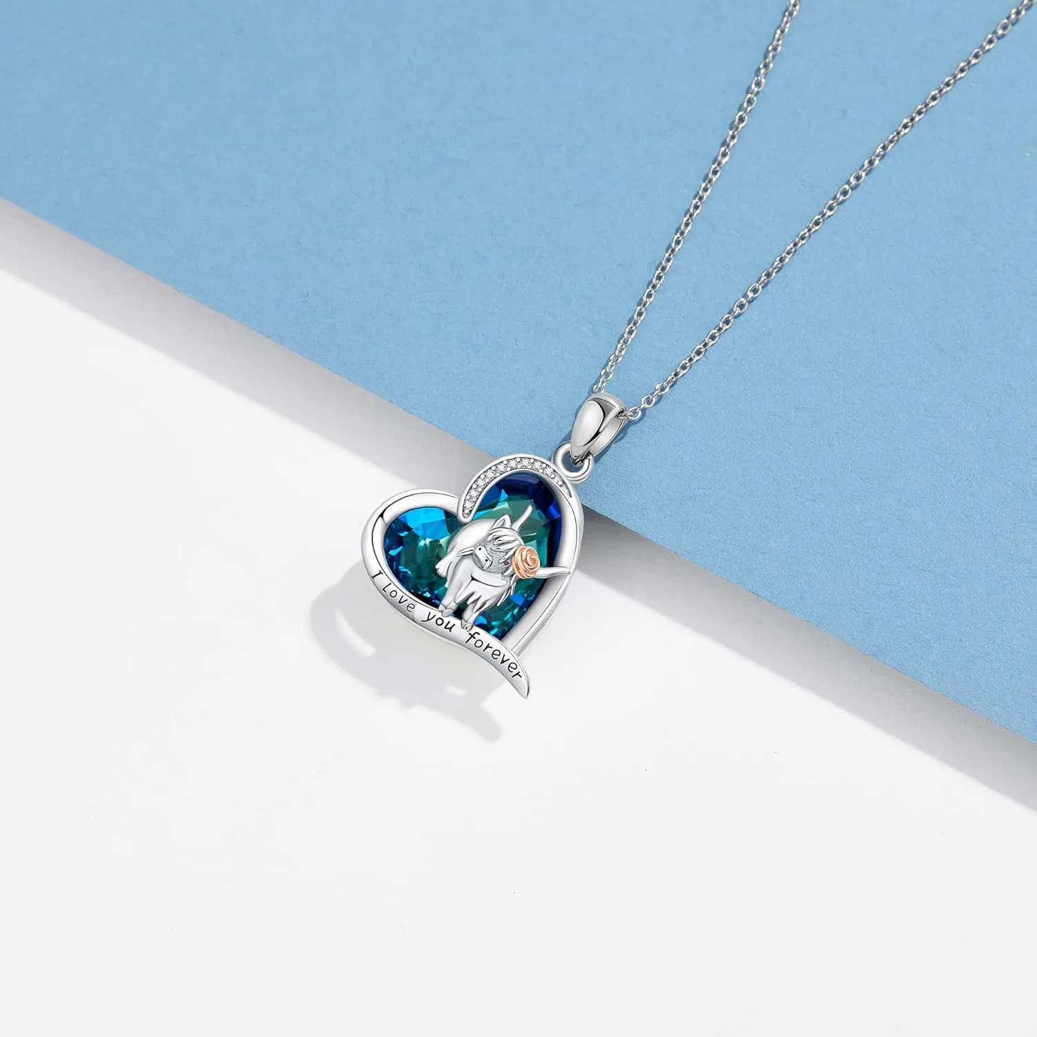 YAFEINI Highland Cow Necklace Crystal 925 Sterling Silver Highland Cow Pendant Jewelry for Women Girls