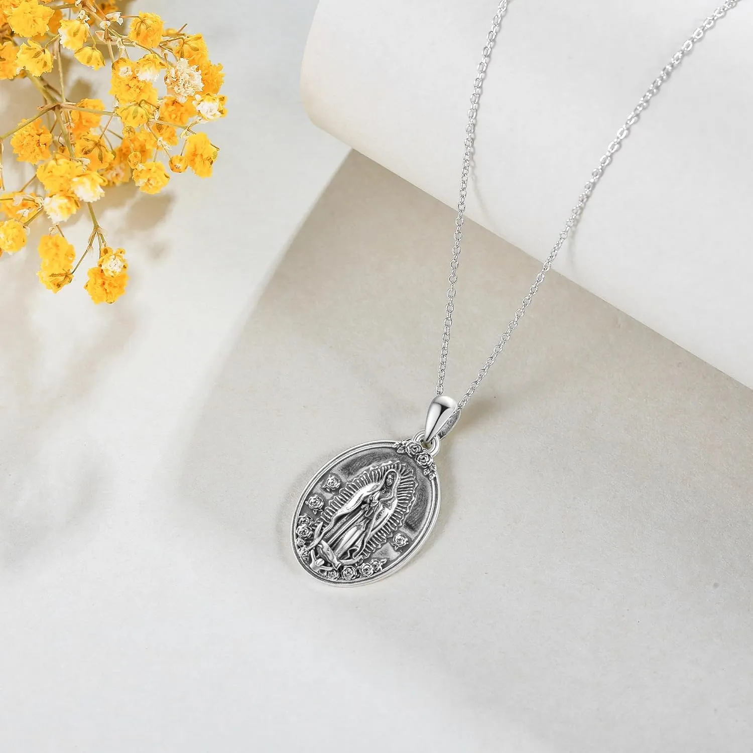 YAFEINI Virgen De Guadalupe Necklace 925 Sterling Silver Mother Mary Necklace Virgencita Jewelry Thanksgiving Day Gifts for Women