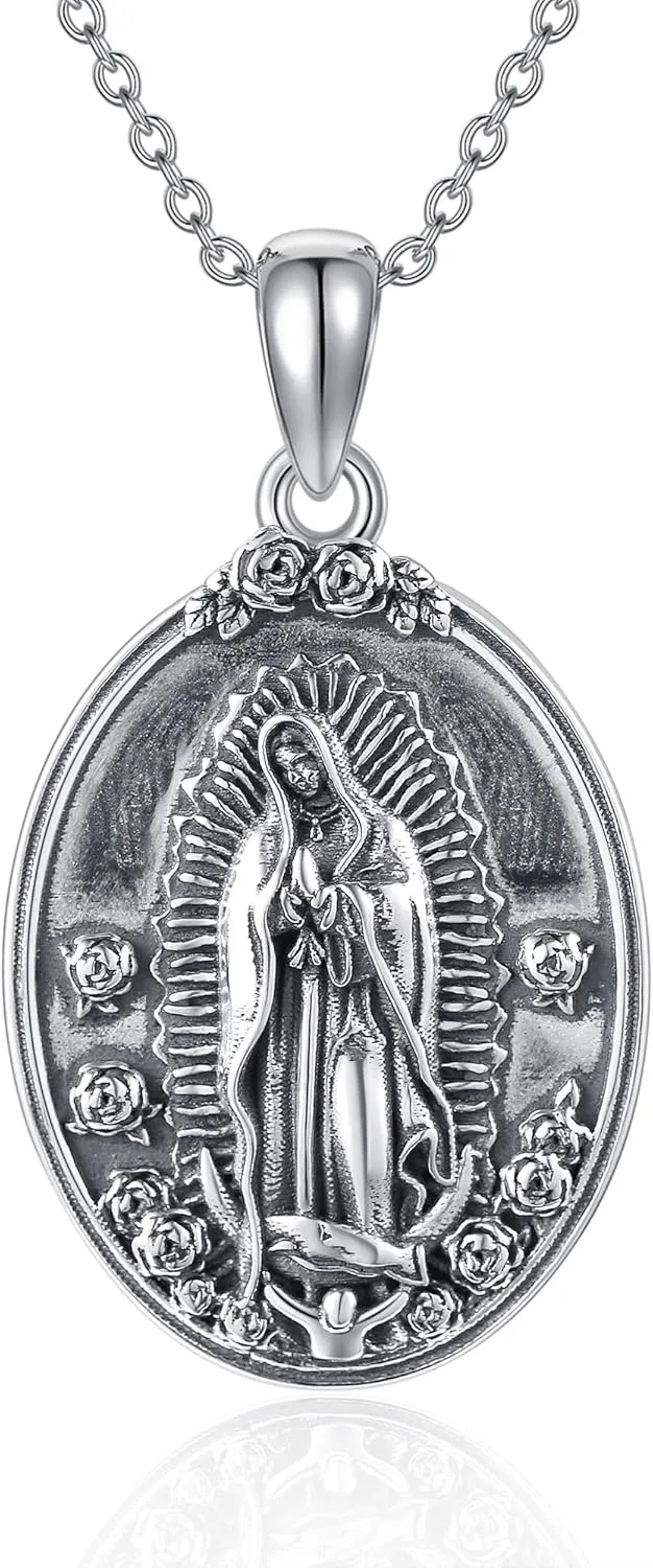 YAFEINI Virgen De Guadalupe Necklace 925 Sterling Silver Mother Mary Necklace Virgencita Jewelry Thanksgiving Day Gifts for Women