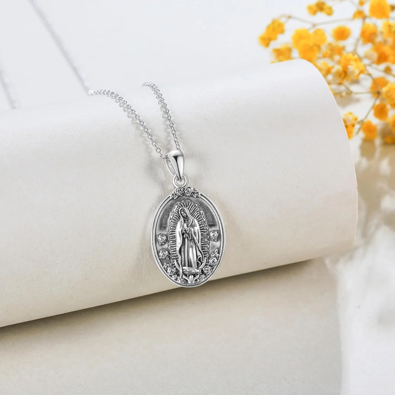 YAFEINI Virgen De Guadalupe Necklace 925 Sterling Silver Mother Mary Necklace Virgencita Jewelry Thanksgiving Day Gifts for Women