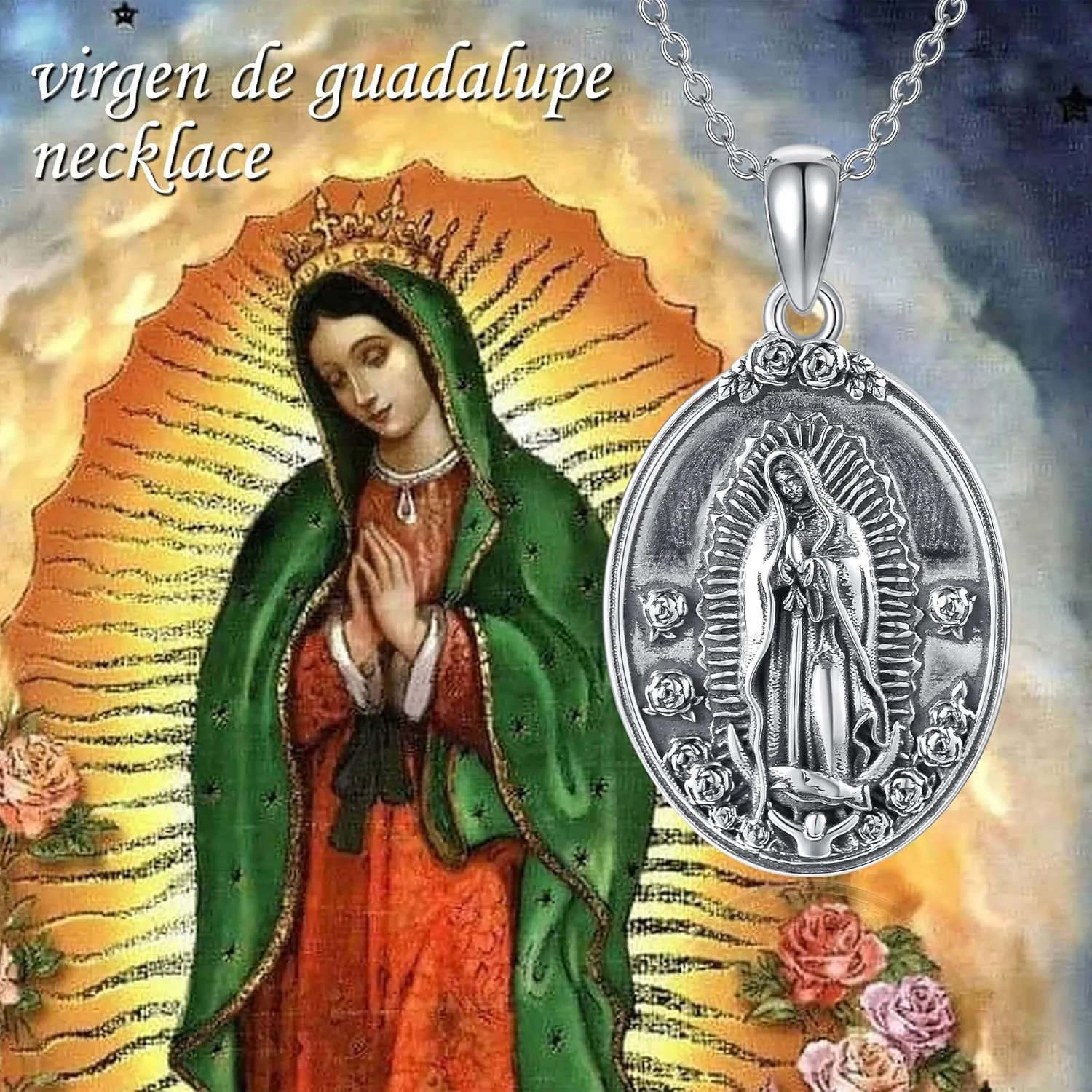 YAFEINI Virgen De Guadalupe Necklace 925 Sterling Silver Mother Mary Necklace Virgencita Jewelry Thanksgiving Day Gifts for Women