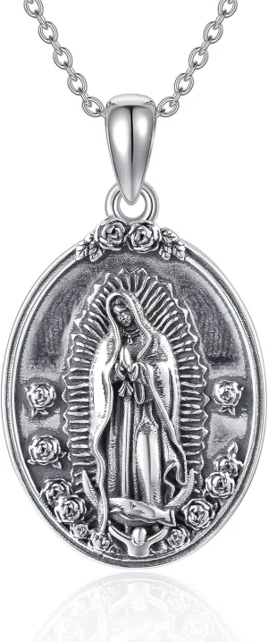 YAFEINI Virgen De Guadalupe Necklace 925 Sterling Silver Mother Mary Necklace Virgencita Jewelry Thanksgiving Day Gifts for Women