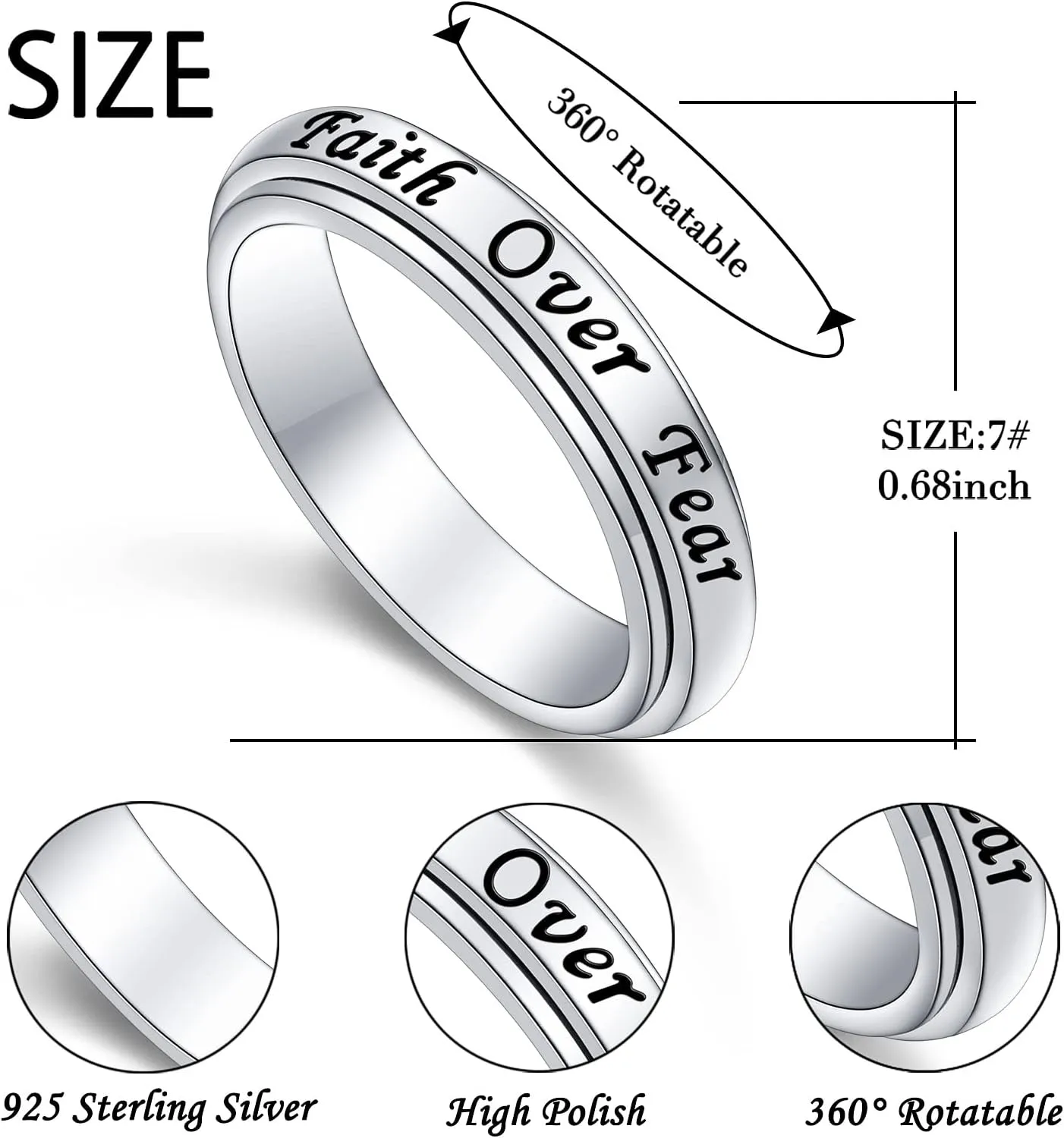 Yearace Spinner Rings for Anxiety 925 Sterling Silver Cute Music Notes/Faith Over Fear/Dinosaur Stress Relieving Fidget Ring Jewelry Gift for Women Musicians Music Teachers Size 6-9
