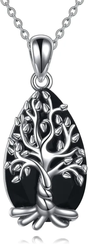 YFN Black Tourmaline Necklace/Labradorite Necklace Sterling Silver Tree of Life Necklace Crystal Healing Necklace Spiritual Protection Jewelry Gifts for Women Men