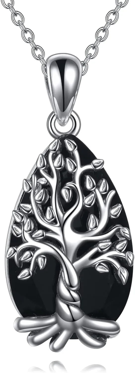 YFN Black Tourmaline Necklace/Labradorite Necklace Sterling Silver Tree of Life Necklace Crystal Healing Necklace Spiritual Protection Jewelry Gifts for Women Men