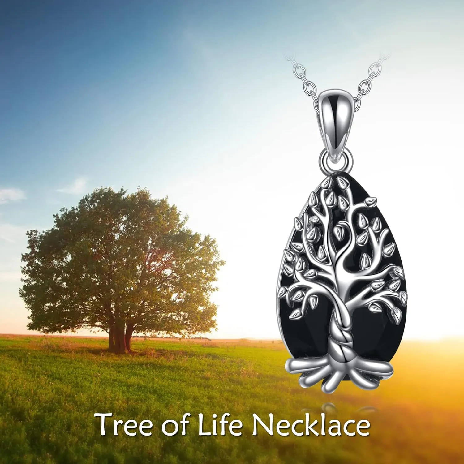YFN Black Tourmaline Necklace/Labradorite Necklace Sterling Silver Tree of Life Necklace Crystal Healing Necklace Spiritual Protection Jewelry Gifts for Women Men