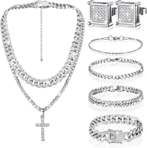 Yinkin 6 Pcs Hip Hop Jewelry Set for Men Rhinestone Link Chain Bracelet Earrings Tennis Diamond Jewelry Set for Men Gift
