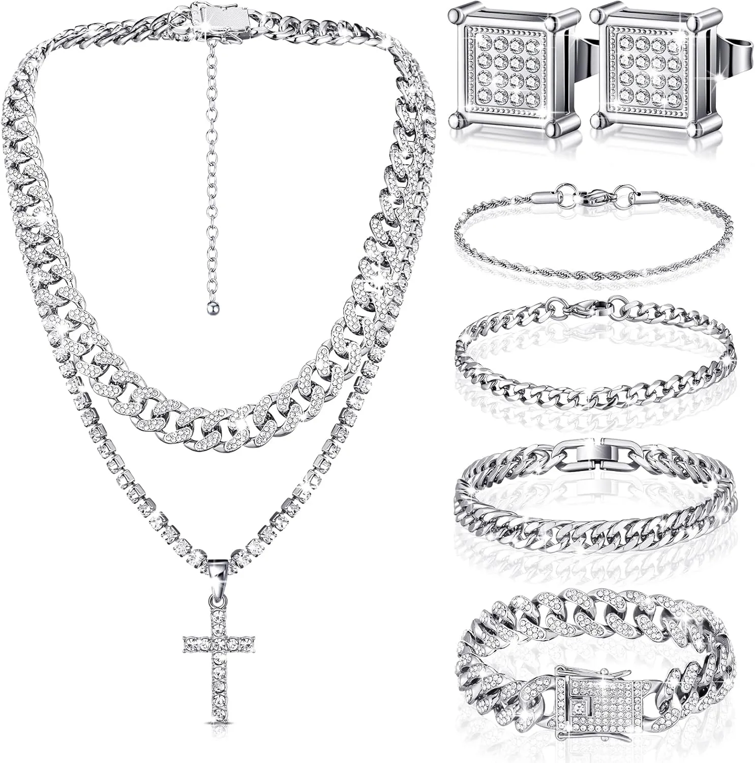 Yinkin 6 Pcs Hip Hop Jewelry Set for Men Rhinestone Link Chain Bracelet Earrings Tennis Diamond Jewelry Set for Men Gift