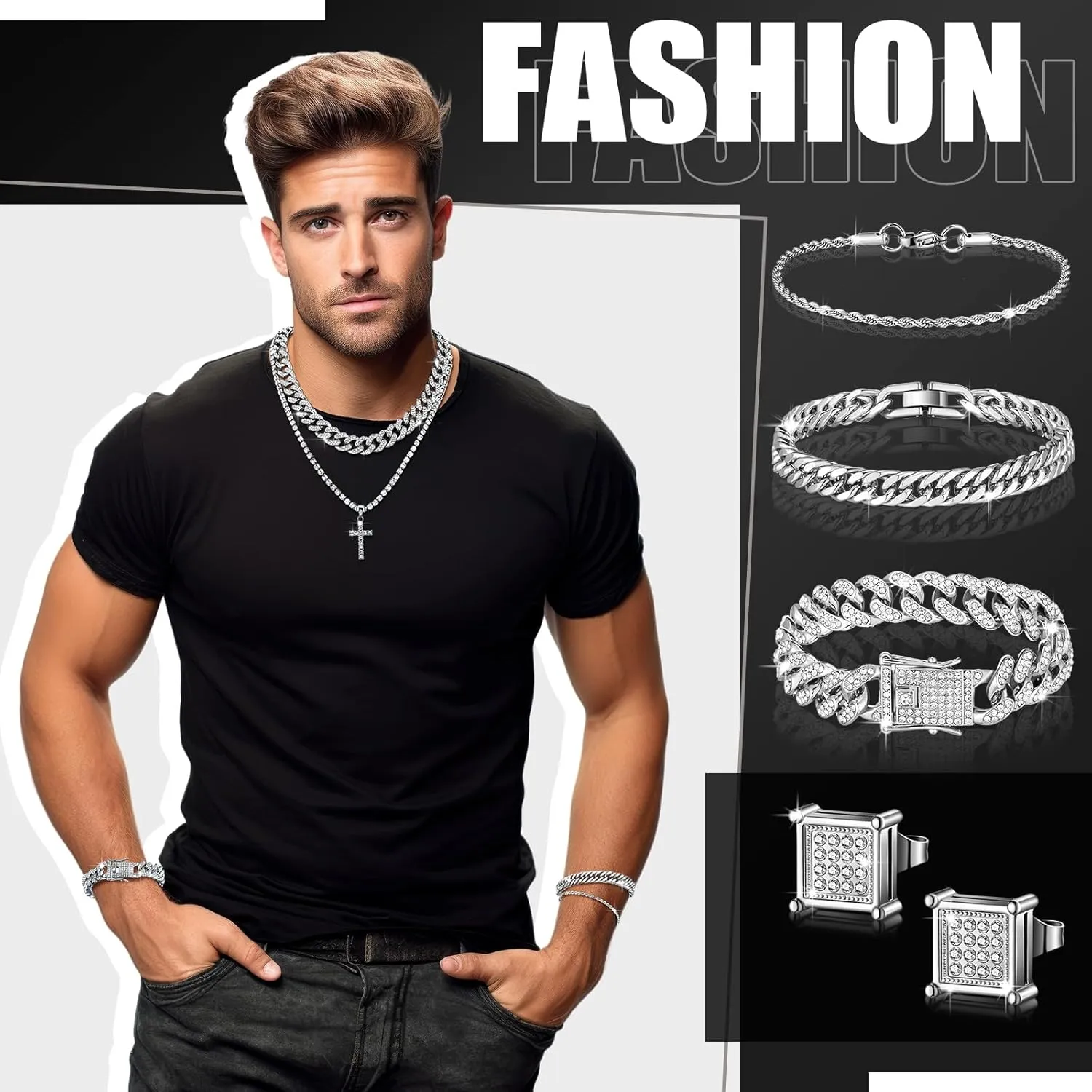 Yinkin 6 Pcs Hip Hop Jewelry Set for Men Rhinestone Link Chain Bracelet Earrings Tennis Diamond Jewelry Set for Men Gift