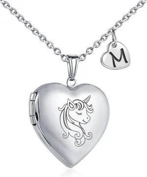 YOUFENG Unicorns Gifts for Her Love Heart Initial Letter Locket Necklace that Holds Pictures Enamel Locket Pendant Gifts for Women