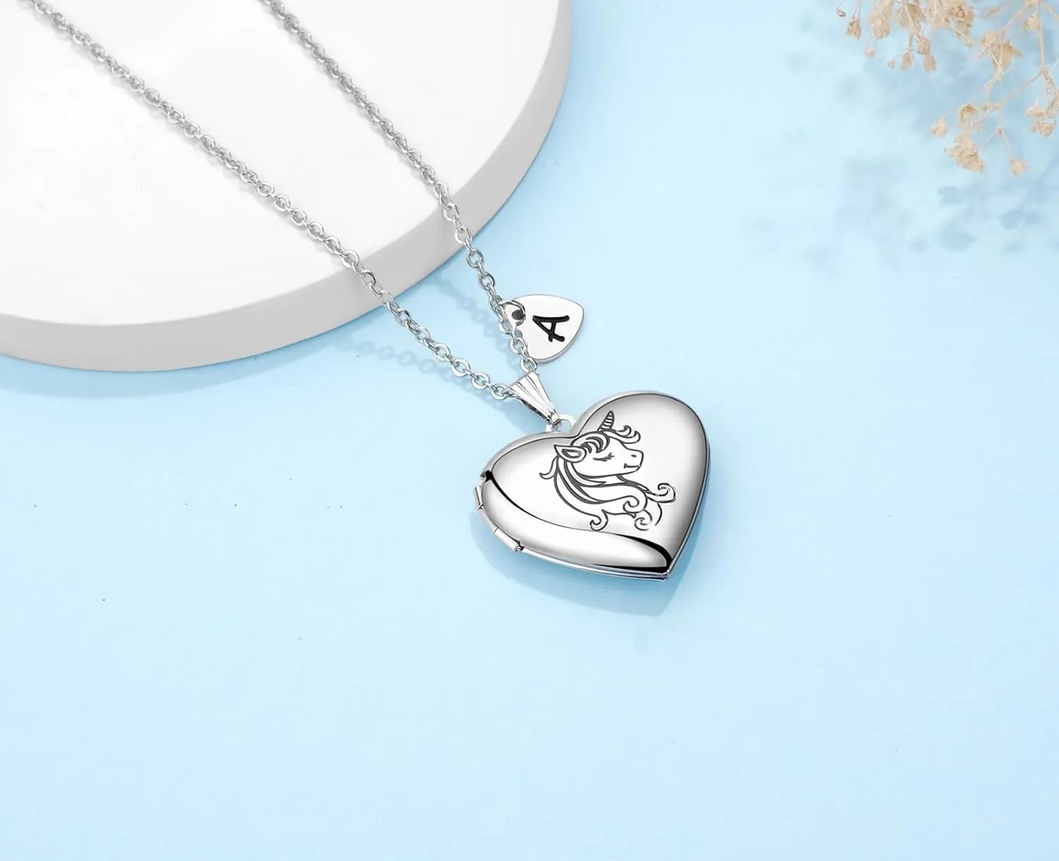 YOUFENG Unicorns Gifts for Her Love Heart Initial Letter Locket Necklace that Holds Pictures Enamel Locket Pendant Gifts for Women