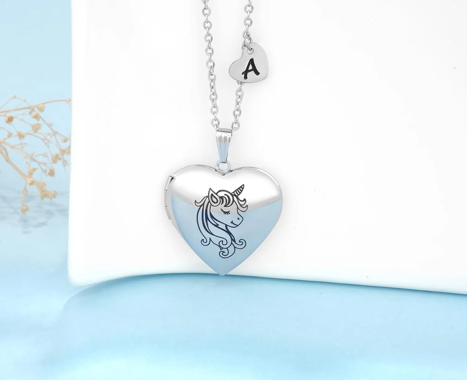 YOUFENG Unicorns Gifts for Her Love Heart Initial Letter Locket Necklace that Holds Pictures Enamel Locket Pendant Gifts for Women